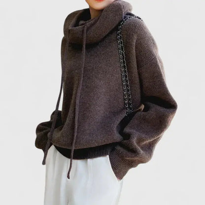 Comfortable Drawstring Hoodie Sweater for Women with Cowl Neck Long Sleeve Relaxed Oversized Knit Style