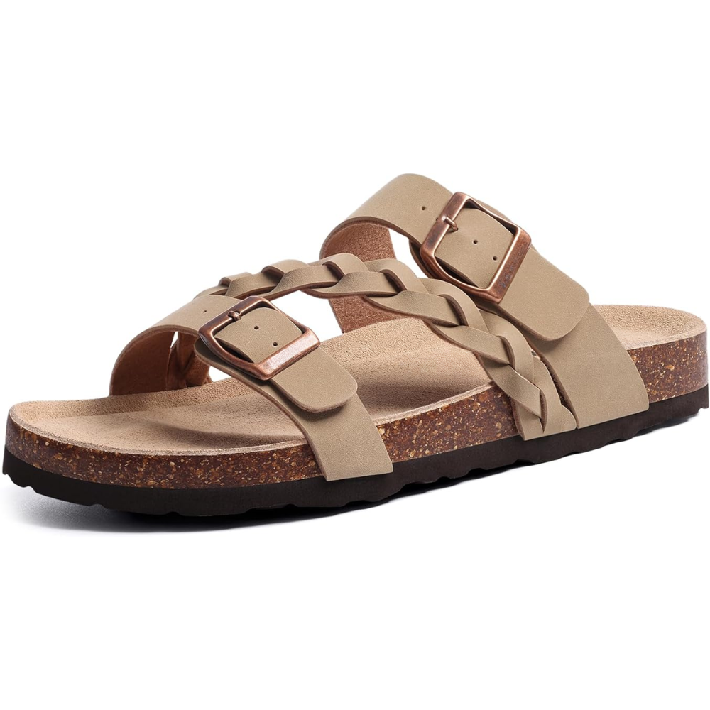 Comfortable Braided Strap Slide Sandal for Women with Double Buckle Cork Footbed Casual Style