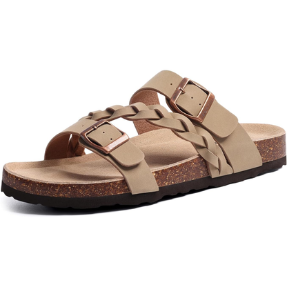 Comfortable Braided Strap Slide Sandal for Women with Double Buckle Cork Footbed Casual Style