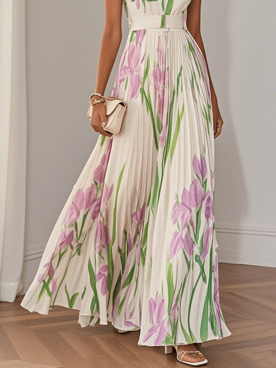 Elegant Floral Maxi Dress for Women with Square Neck Sleeveless Belted Pleated Wedding Guest Style