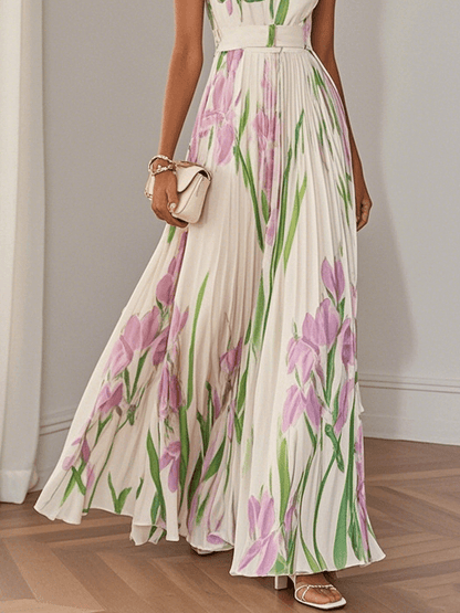 Elegant Floral Maxi Dress for Women with Square Neck Sleeveless Belted Pleated Wedding Guest Style