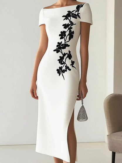 Elegant White Floral Embroidered Midi Dress for Women with Boat Neck Short Sleeve High Slit Bodycon Style