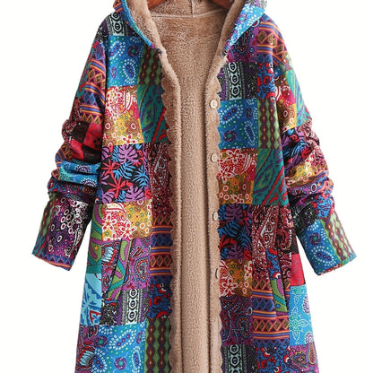Effortless Patchwork Print Hooded Coat for Women with Long Sleeve Button Front Faux Fur Lined Oversized Style