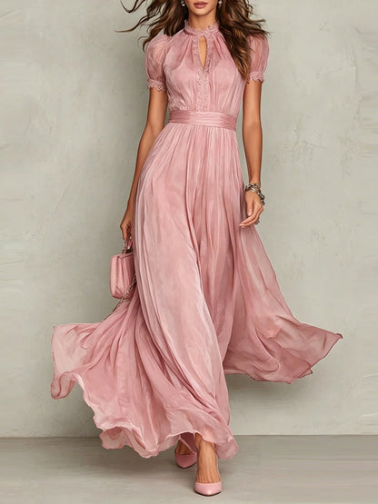 Elegant Chiffon Maxi Dress for Women with High Neck Lace Trim Puff Sleeve Flowing Wedding Guest Style