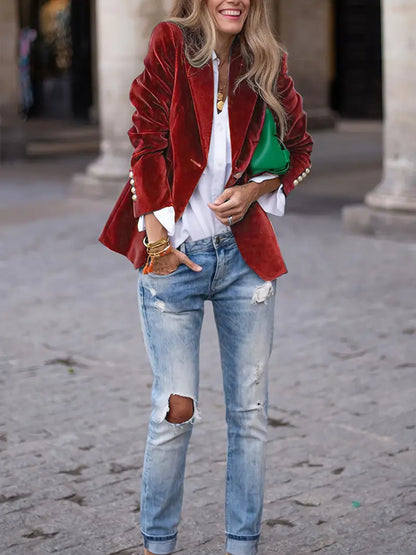 Elegant Velvet Blazer for Women with Peak Lapel Long Sleeve Single Button Tailored Style