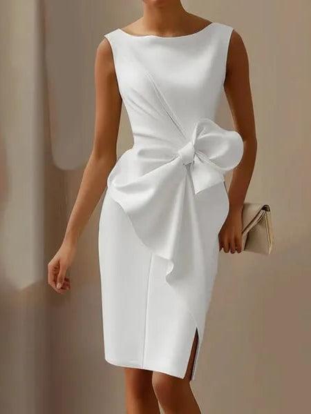Elegant Satin Sheath Dress for Women with Boat Neck Sleeveless Bow Detail Ruffle Cocktail Style