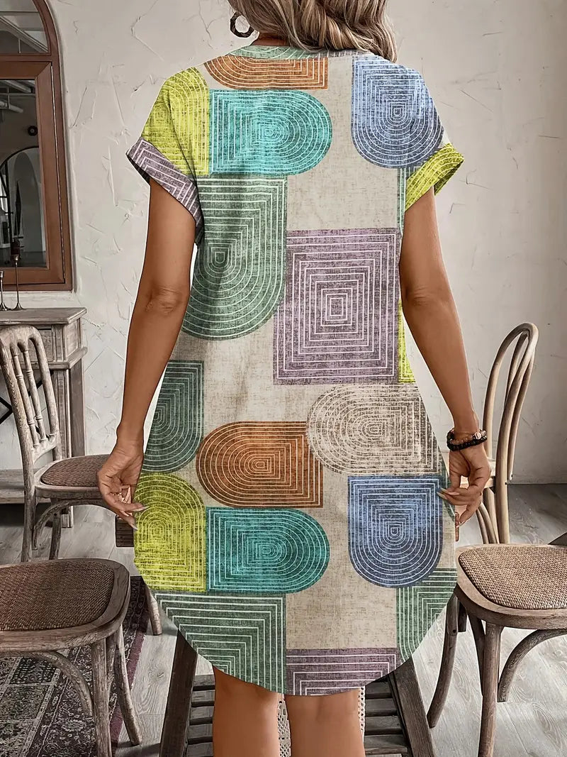 Effortless Multicolor Geometric Print Shirt Dress for Women with V Neck Short Sleeve Button Front Relaxed Bohemian Style
