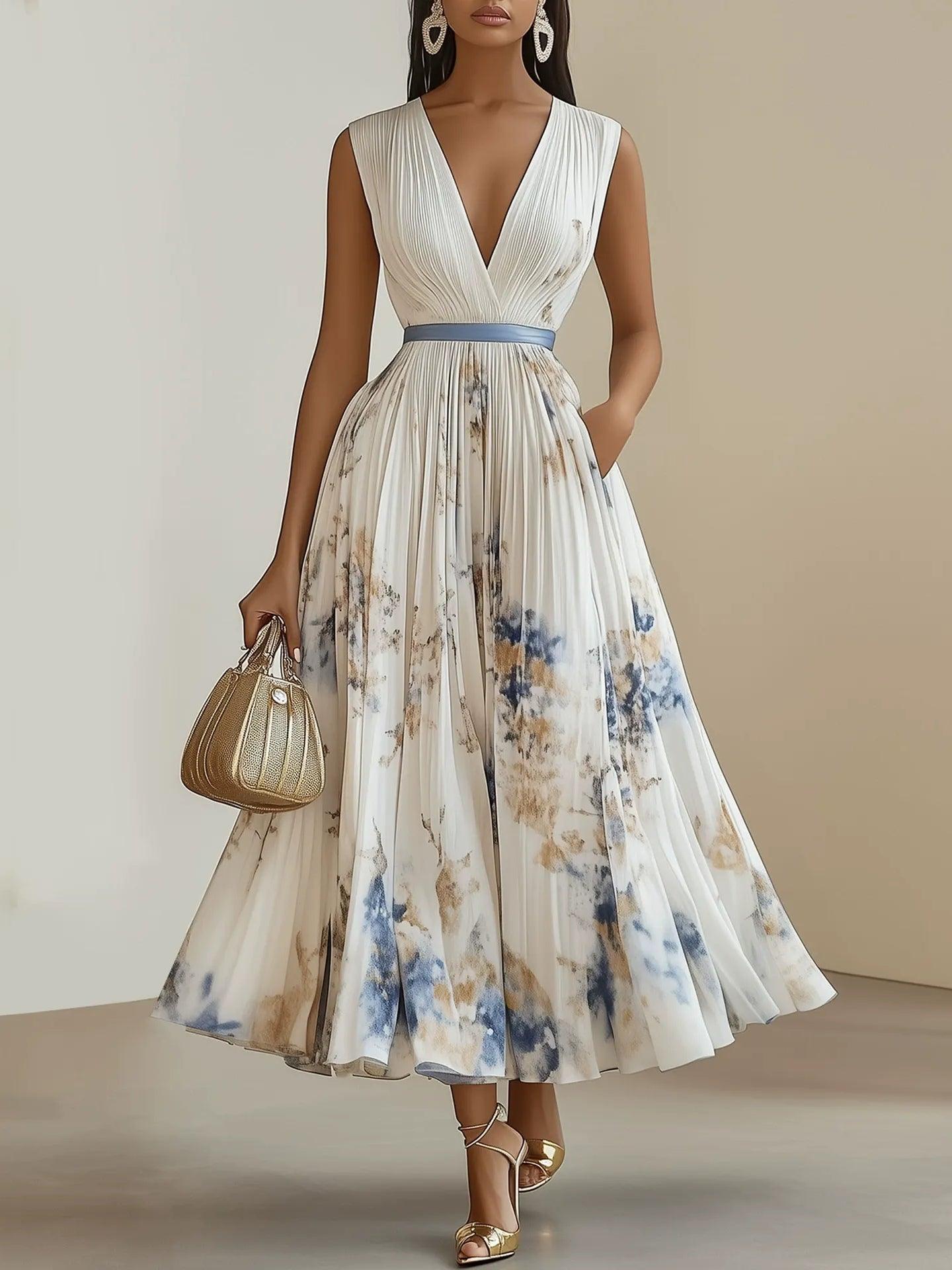 Elegant White Tie Dye Midi Dress for Women with V Neck Sleeveless Pleated Belted Flowing Style