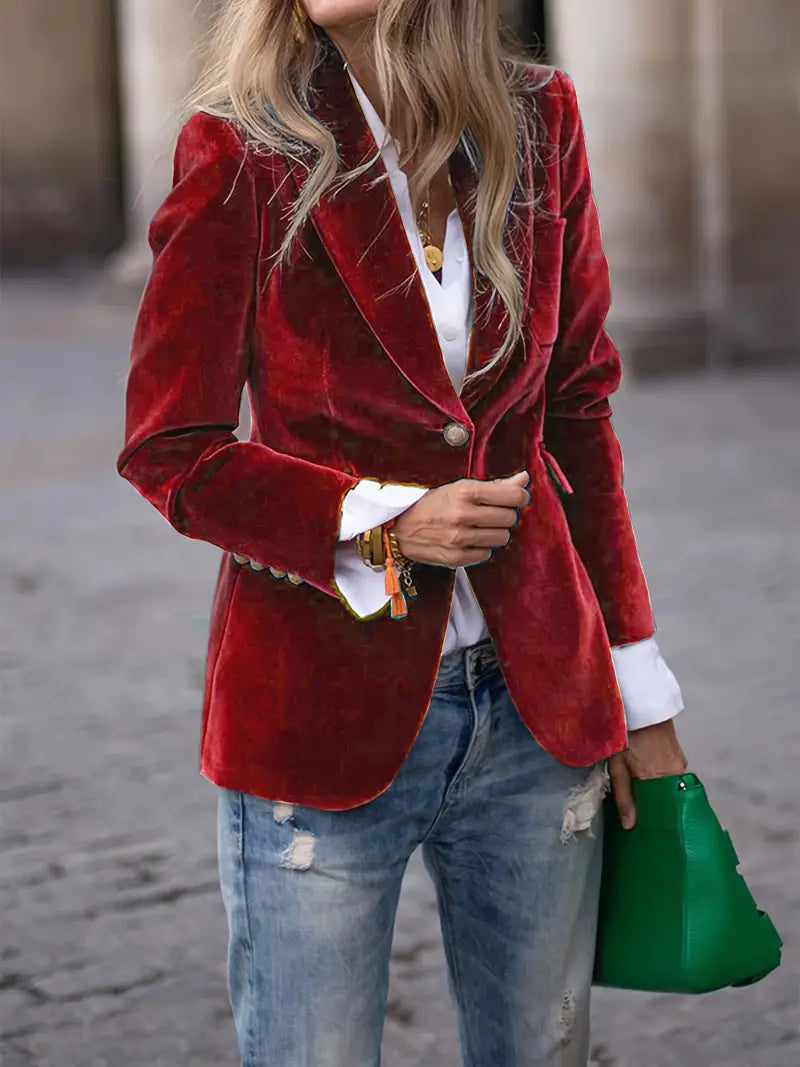 Elegant Velvet Blazer for Women with Peak Lapel Long Sleeve Single Button Tailored Style