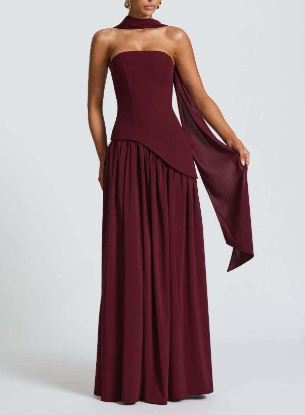 Elegant Draped Maxi Dress for Women with Strapless Choker Cape Sleeve High Slit Formal Wedding Guest Style