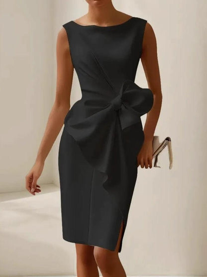 Elegant Satin Sheath Dress for Women with Boat Neck Sleeveless Bow Detail Ruffle Cocktail Style