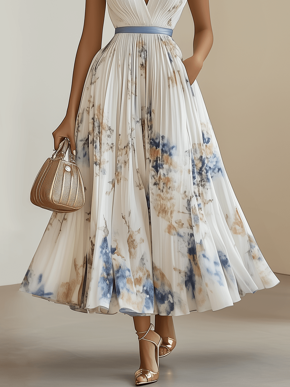 Elegant White Tie Dye Midi Dress for Women with V Neck Sleeveless Pleated Belted Flowing Style
