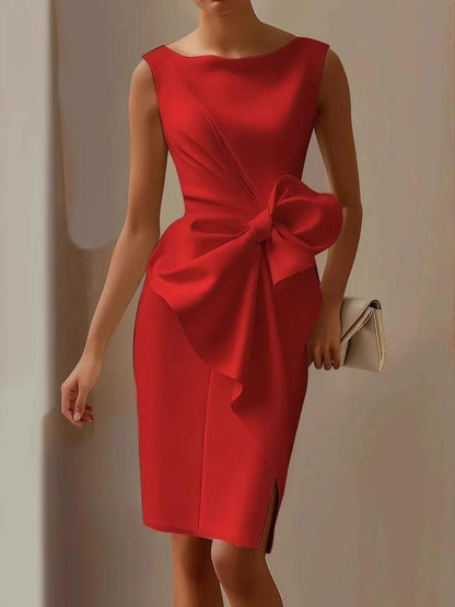 Elegant Satin Sheath Dress for Women with Boat Neck Sleeveless Bow Detail Ruffle Cocktail Style