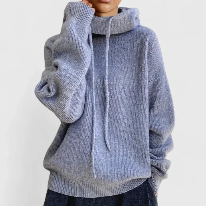 Comfortable Drawstring Hoodie Sweater for Women with Cowl Neck Long Sleeve Relaxed Oversized Knit Style