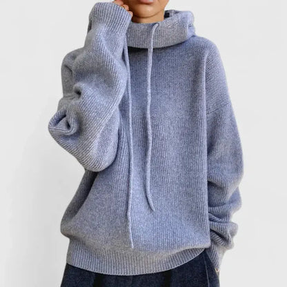 Comfortable Drawstring Hoodie Sweater for Women with Cowl Neck Long Sleeve Relaxed Oversized Knit Style