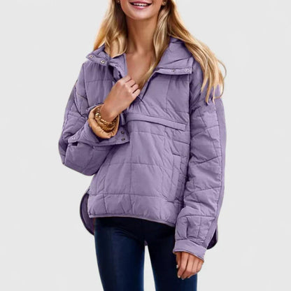 Comfortable Quilted Puffer Jacket for Women with Hooded Long Sleeve Snap Button Oversized Style