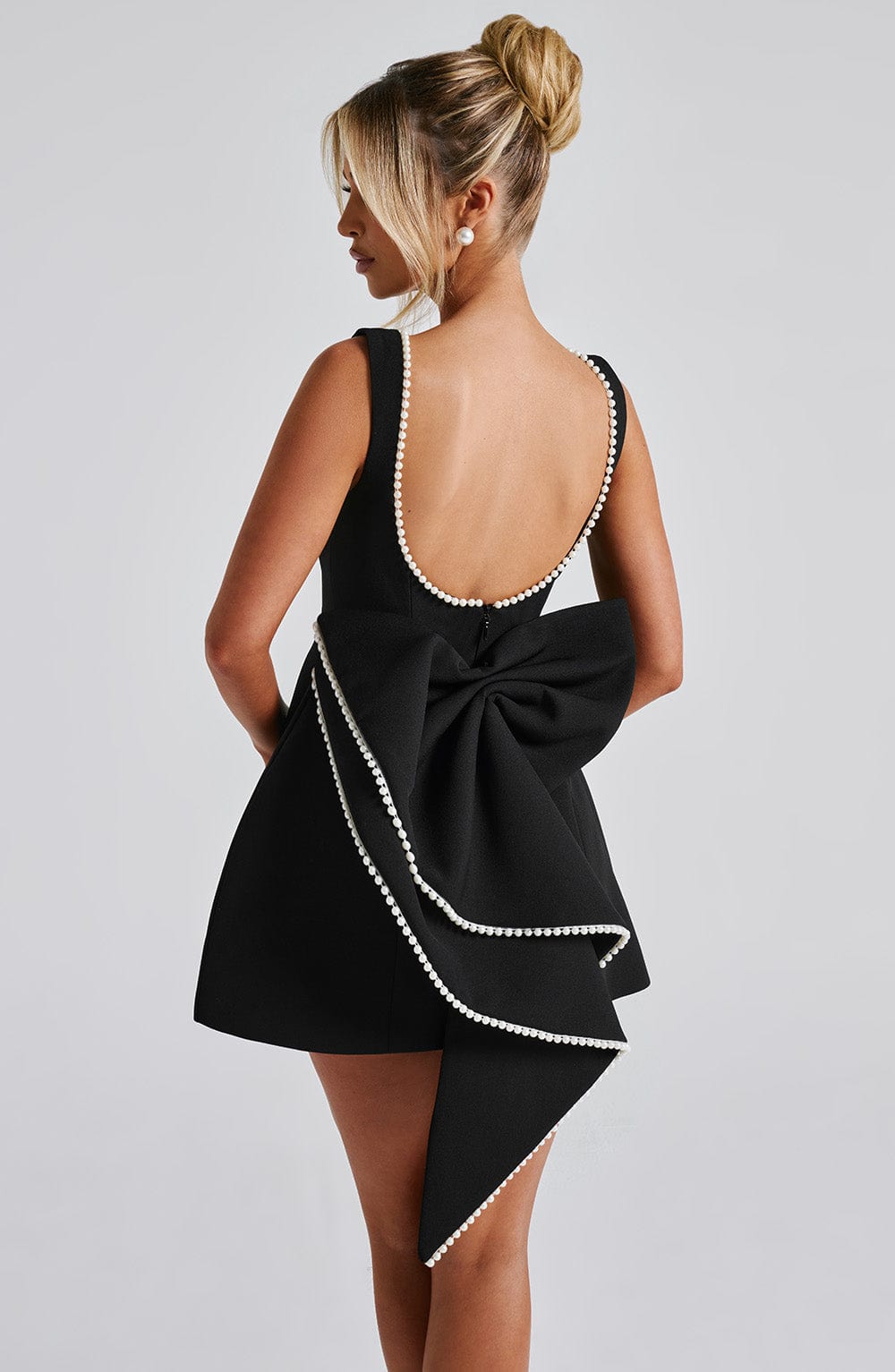 Elegant Pearl Trim Mini Dress for Women with Boat Neck Sleeveless Open Back Bow Detail Cocktail Style