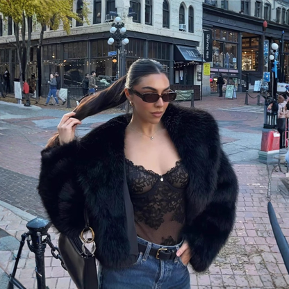 Elegant Faux Fur Cropped Jacket for Women with Shawl Collar Long Sleeve Oversized Cozy Style