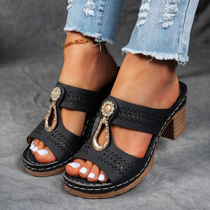 Comfortable Mules Heels for Women with Metal Ring Detail Block Heel Open Toe Slip On Style