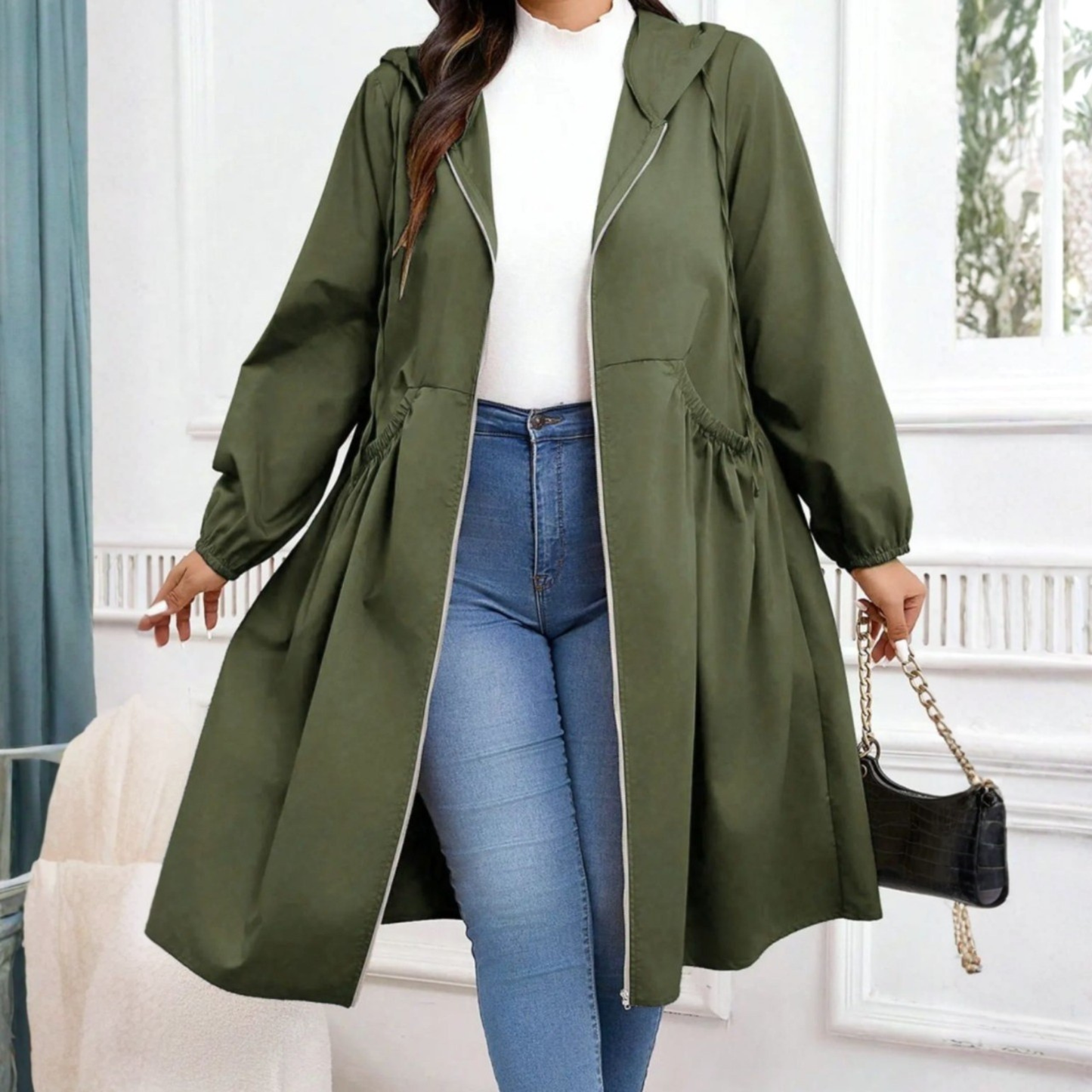 Effortless Longline Trench Coat for Women with Hooded Long Sleeve Drawstring Waist Relaxed Style