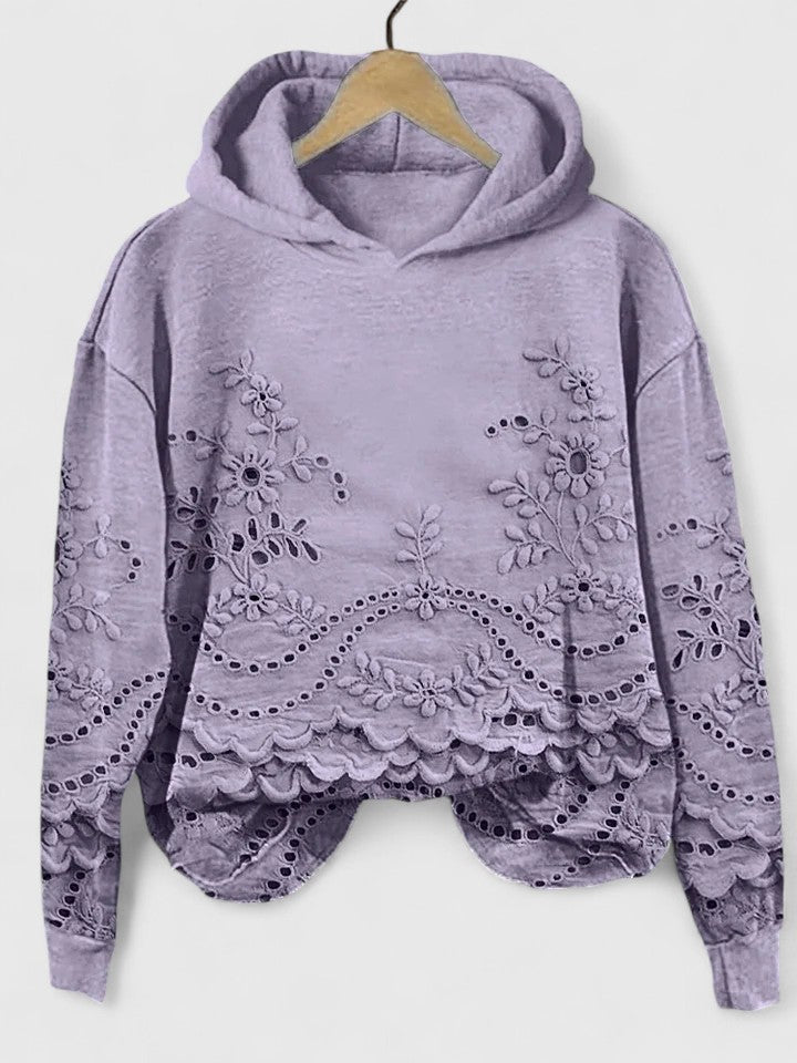 Comfortable Eyelet Embroidered Cropped Hoodie for Women with Drawstring Hood Long Sleeve Scalloped Hem Oversized Knit Style