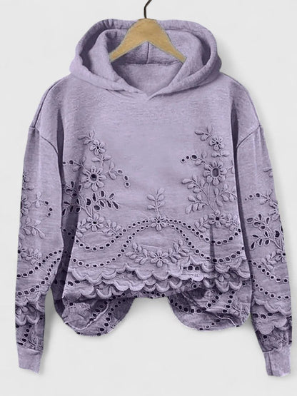 Comfortable Eyelet Embroidered Cropped Hoodie for Women with Drawstring Hood Long Sleeve Scalloped Hem Oversized Knit Style