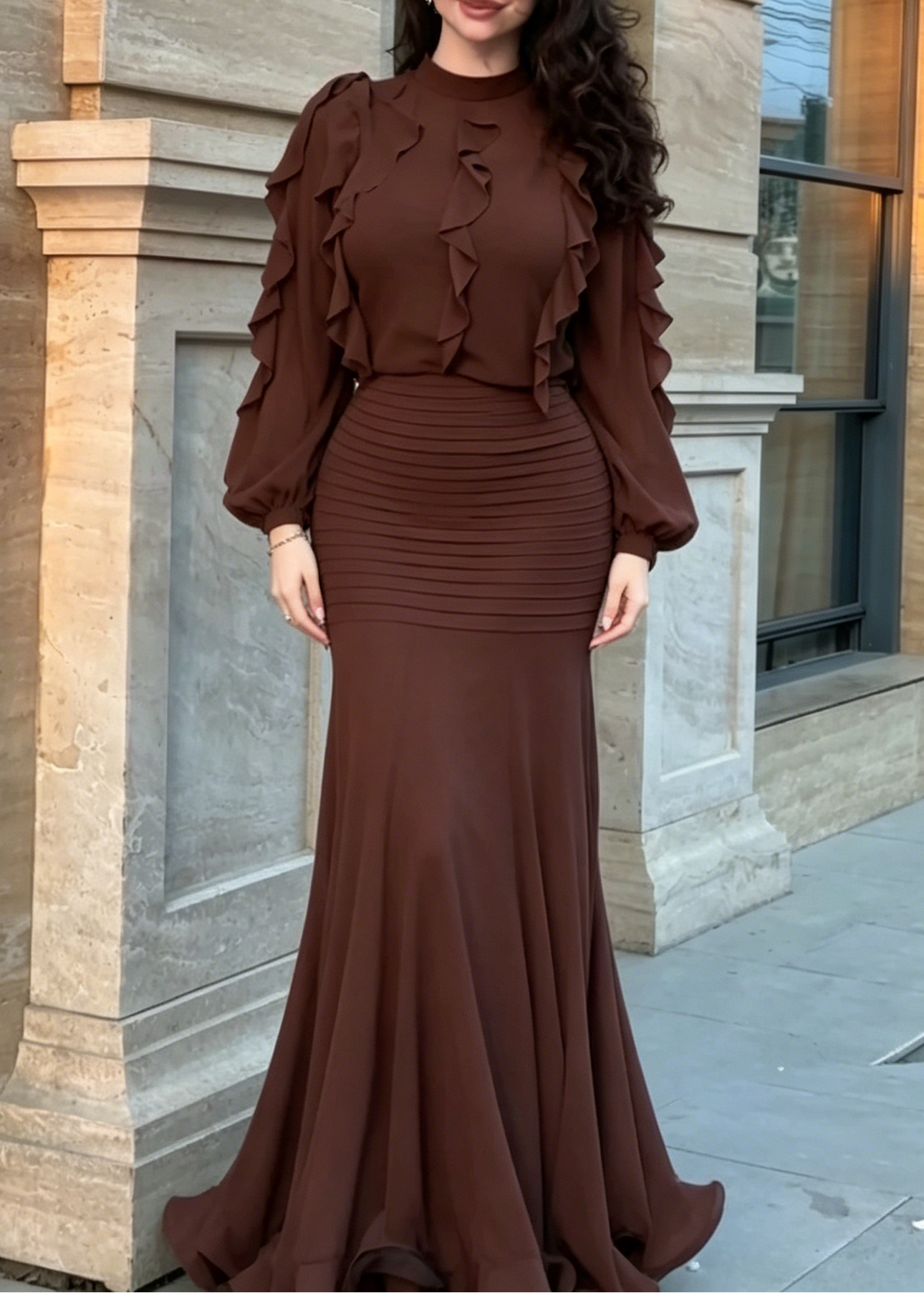 Elegant Brown Ruffle Maxi Dress for Women with High Neck Balloon Sleeve Ruched Mermaid Style