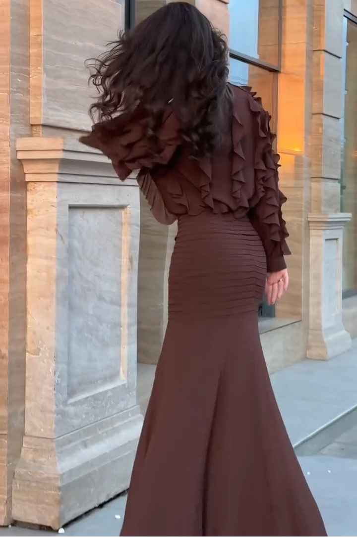 Elegant Brown Ruffle Maxi Dress for Women with High Neck Balloon Sleeve Ruched Mermaid Style