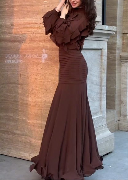 Elegant Brown Ruffle Maxi Dress for Women with High Neck Balloon Sleeve Ruched Mermaid Style