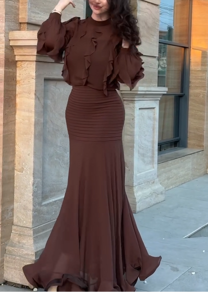 Elegant Brown Ruffle Maxi Dress for Women with High Neck Balloon Sleeve Ruched Mermaid Style