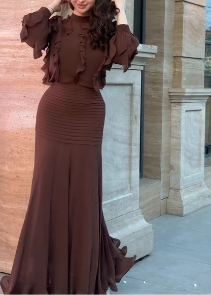 Elegant Brown Ruffle Maxi Dress for Women with High Neck Balloon Sleeve Ruched Mermaid Style