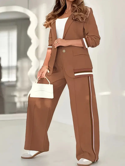 Elegant Striped Blazer Two Piece Set for Women with Notched Lapel Long Sleeve Wide Leg Pant Office Style