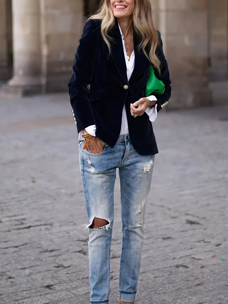 Elegant Velvet Blazer for Women with Peak Lapel Long Sleeve Single Button Tailored Style