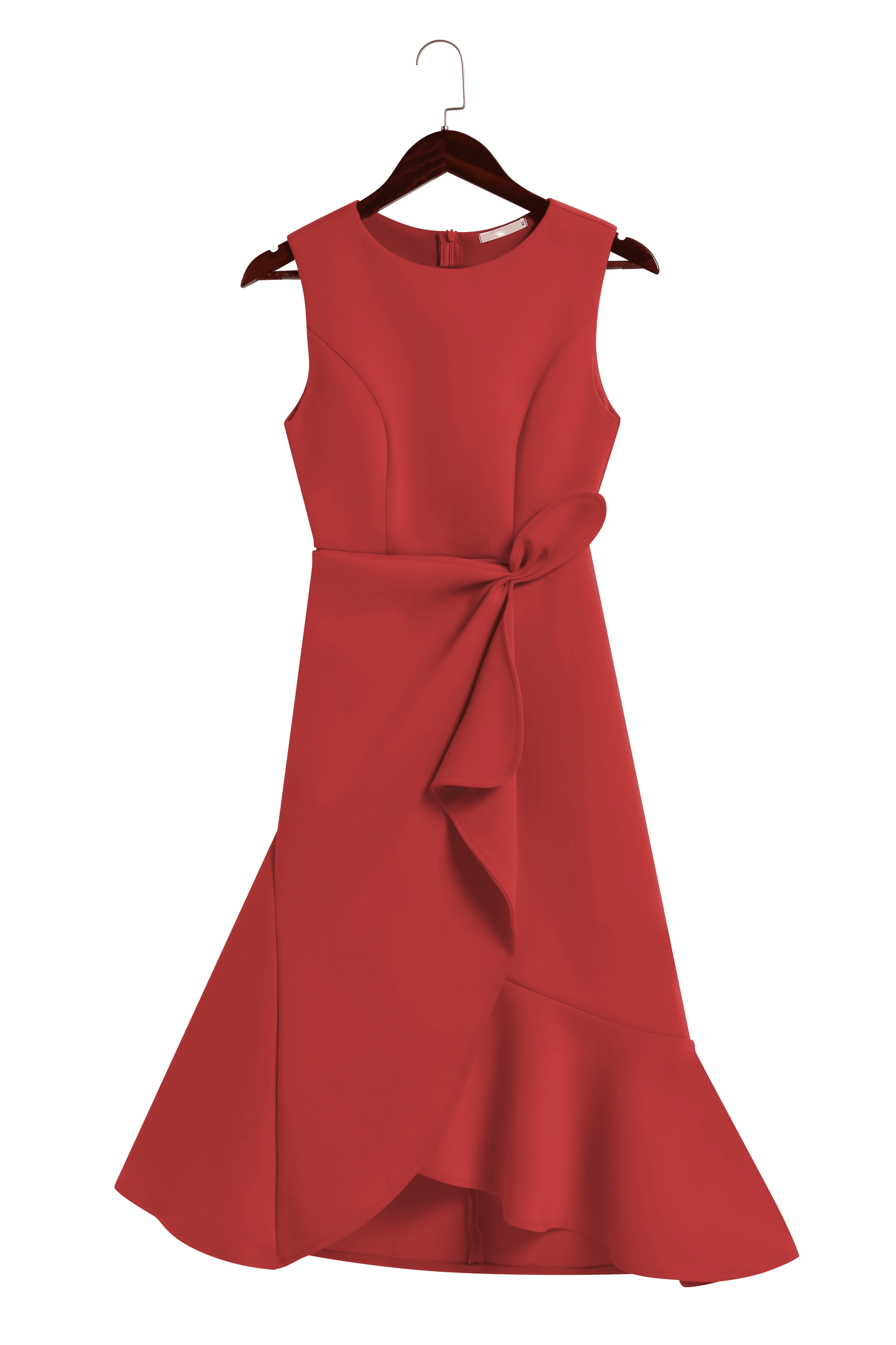 Elegant Draped Midi Dress for Women with Boat Neck Sleeveless Ruffle Hem Cocktail Style