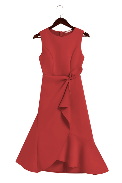 Elegant Draped Midi Dress for Women with Boat Neck Sleeveless Ruffle Hem Cocktail Style