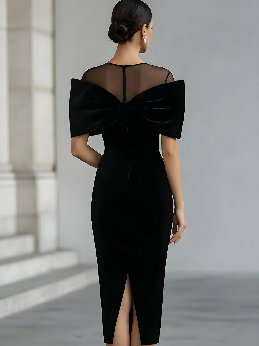 Elegant Black Velvet Midi Dress for Women with Illusion Neck Bow Off Shoulder Bodycon Cocktail Style