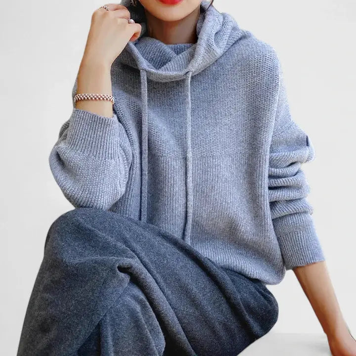 Comfortable Drawstring Hoodie Sweater for Women with Cowl Neck Long Sleeve Relaxed Oversized Knit Style