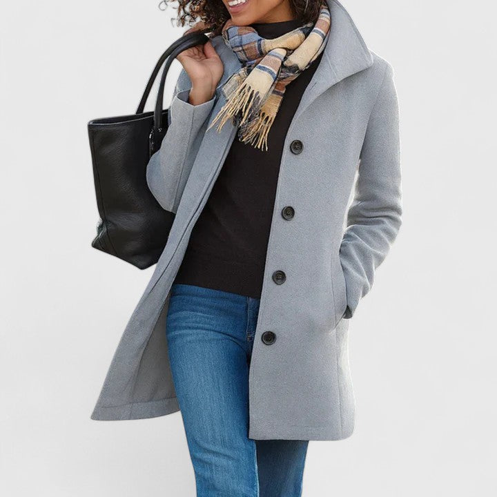 Elegant Wool Coat for Women with Lapel Collar Long Sleeve Button Front Casual Style