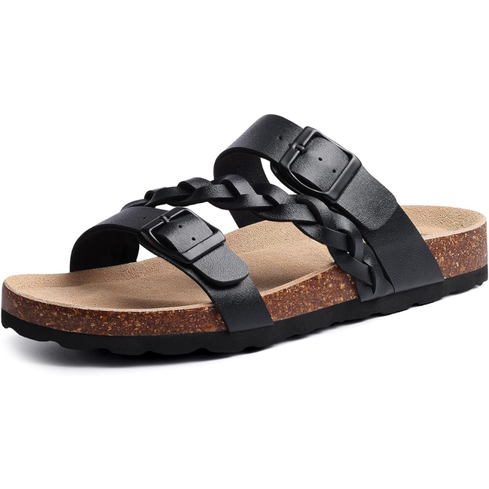 Comfortable Braided Strap Slide Sandal for Women with Double Buckle Cork Footbed Casual Style