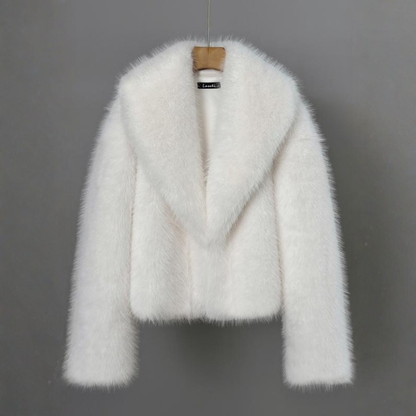 Elegant Faux Fur Cropped Jacket for Women with Shawl Collar Long Sleeve Oversized Cozy Style