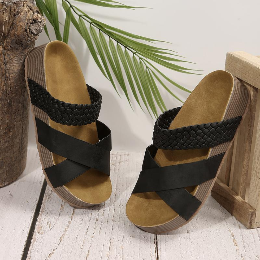 Comfortable Slide Sandals for Women with Crossover Woven Strap Cork Footbed Open Toe Style