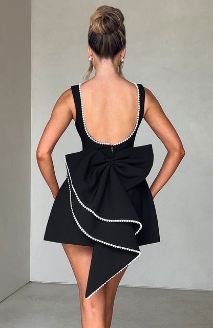 Elegant Pearl Trim Mini Dress for Women with Boat Neck Sleeveless Open Back Bow Detail Cocktail Style
