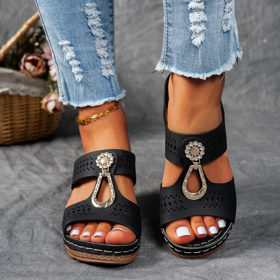 Comfortable Mules Heels for Women with Metal Ring Detail Block Heel Open Toe Slip On Style