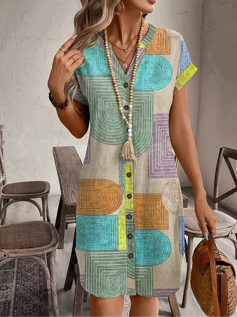 Effortless Multicolor Geometric Print Shirt Dress for Women with V Neck Short Sleeve Button Front Relaxed Bohemian Style