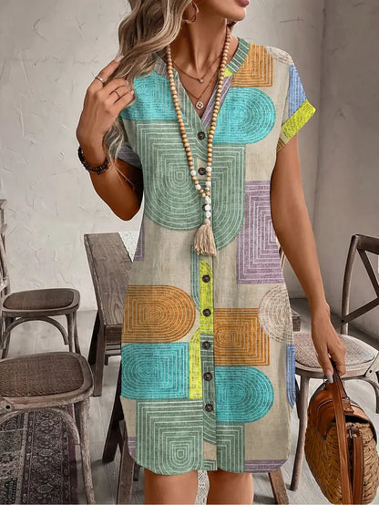 Effortless Multicolor Geometric Print Shirt Dress for Women with V Neck Short Sleeve Button Front Relaxed Bohemian Style