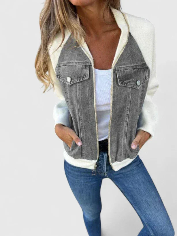 Effortless Colorblock Denim Jacket for Women with Collared Long Sleeve Raglan Zip Front Casual Style