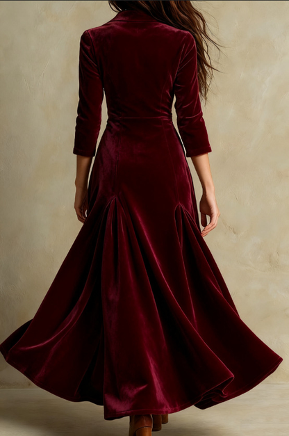 Elegant Velvet Maxi Dress for Women with Notched Lapel V Neck Elbow Sleeve Button Front Flowing Style