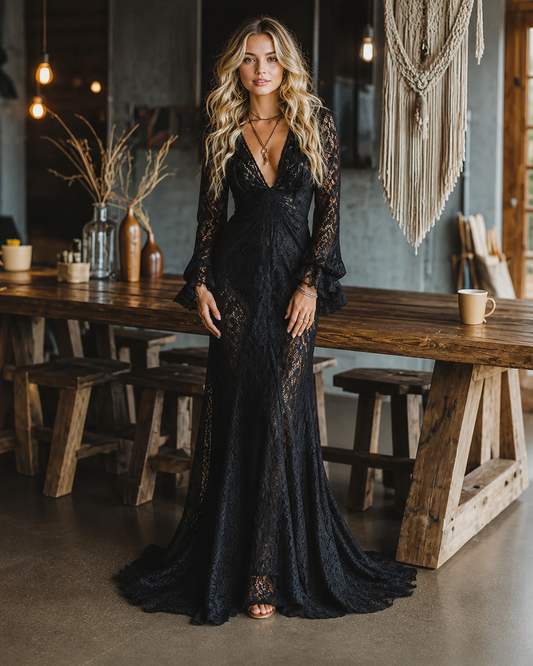 Elegant Black Lace Maxi Dress for Women with V Neck Bell Sleeve Ruched Bohemian Style