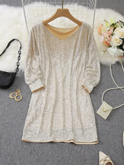 Elegant Sequin Mini Dress for Women with One Shoulder Long Sleeve Bodycon Sparkle Formal Party Style