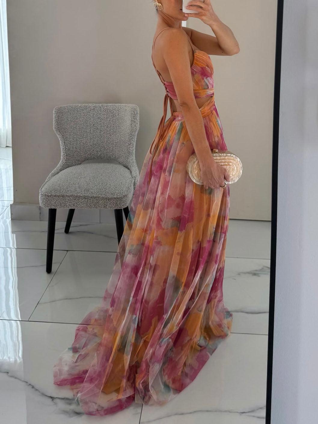 Elegant Watercolor Floral Maxi Dress for Women with V Neck Crisscross Waist Cutout Back Flowing Formal Wedding Guest Style